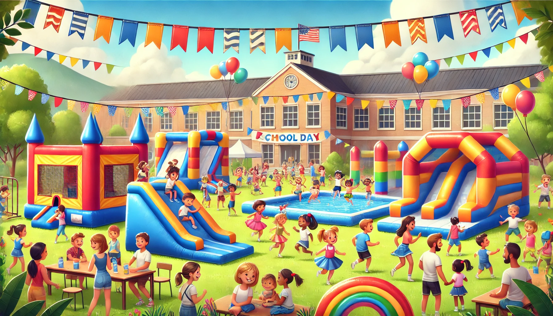 School event with bounce houses and slides