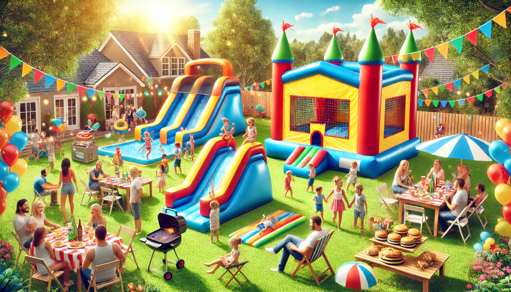 backyard birthday party with bounce house and swater slide