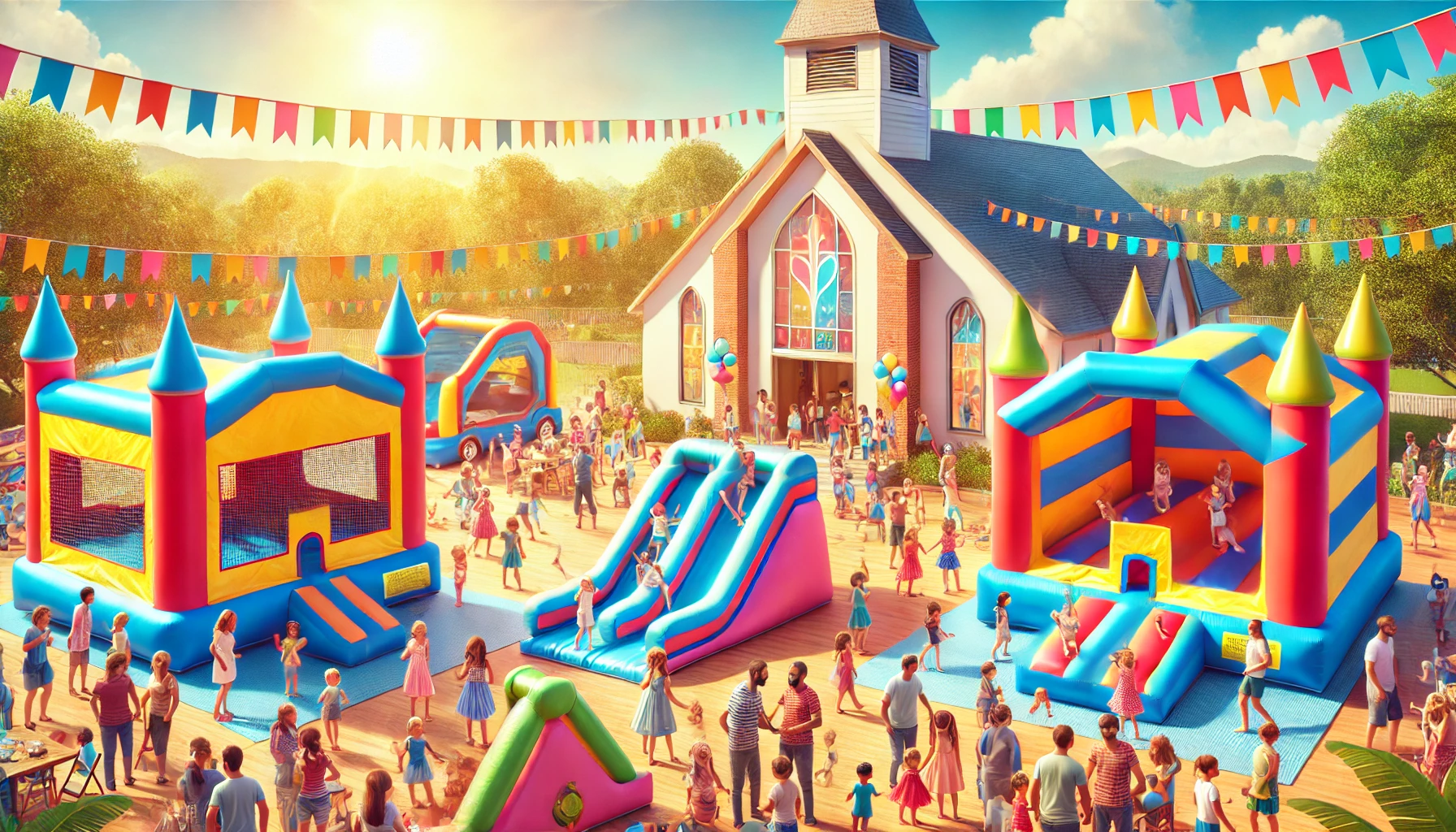 Church event with bounce houses and slides